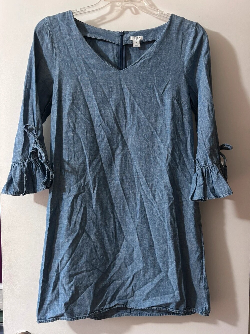 J.Crew Chambray Denim V-Neck Dress Tie Ruffle Sleeve Size 8